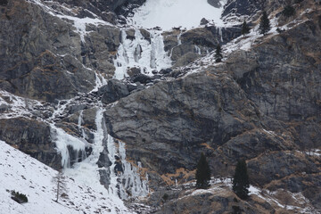 Wintry view of the iced Serio Falls, the tallest waterfall in Italy. Orobie Alps, Valpondione, Italy