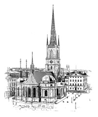 Fototapeta premium Riddarholmen Church, located on the island of Riddarholmen, close to the Royal Palace in Stockholm, Sweden, one of the oldest buildings in Stockholm, ink sketch illustration.
