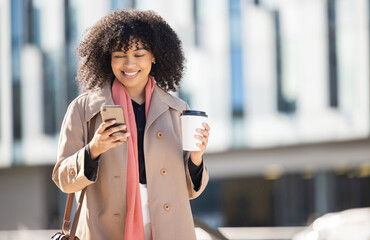 Search, happy or black woman with phone for internet research, communication or networking. Tech,...