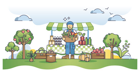 Obraz na płótnie Canvas Farmers marker and local food offer direct from grower outline concept. Fresh, green and ecological grocery products from domestic eco supplier vector illustration. Outdoor bazaar and shop kiosk.