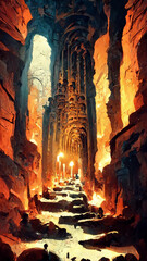 Scary endless medieval catacombs with torches illustration Generative AI Content by Midjourney