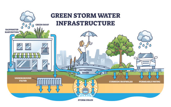 Green storm water infrastructure with rain absorption methods outline diagram. Labeled educational scheme with stormwater harvesting, underground filter and storm drain examples vector illustration.