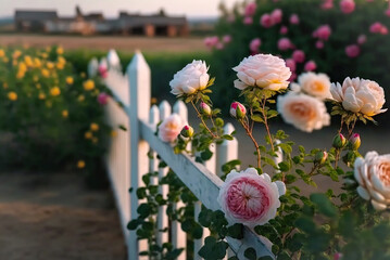 Fototapeta na wymiar pink flowers in the garden,pink flowers and fence,flowers in the city,flowers in the garden