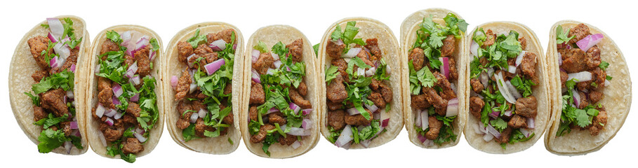 mexican carne asada street tacos in long row shot top down and isolated - 564969677