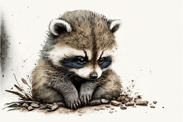 Obraz premium a raccoon is sitting on the ground with its paws on the ground and its eyes open, with dirt scattered around it, and a white background. generative ai