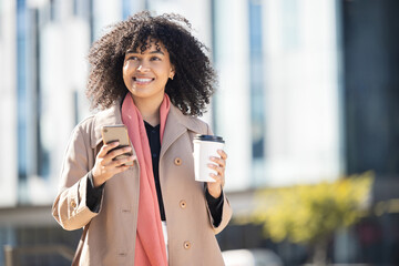 City, happy or black woman with phone for internet research, communication or networking. Tech, smile or girl in London street on 5g smartphone for social network, blog review or media app search