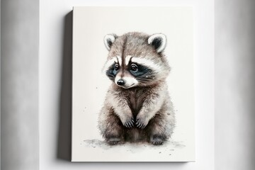  a raccoon is sitting on a white wall with a black and white background and a white frame around it, with a black and white border.  generative ai