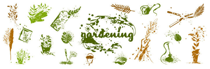 Gardening - Flower and gardening elements - extensive icon collection of outline symbols and vector illustrations. Grasses and plants with hatching and paint splashes. With leaves and organic shapes.