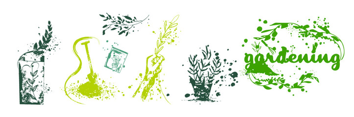 Gardening - Flower and gardening elements - extensive icon collection of outline symbols and vector illustrations. Grasses and plants with hatching and paint splashes. With leaves and organic shapes.