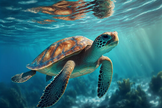 Turtle swimming in the sea water. Blue ocean. Generative AI