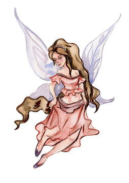 Watercolor cartoon fairy with magic wings. Watercolor hand draw fairy tale illustration. Illustartion with white isolated background. Perfect for greeting card, poster, wedding invitation, party decor