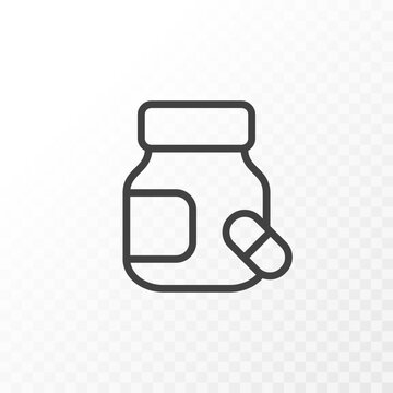 Outline Style Ui Icons Collection. Vector Black Linear Illustration. Bottle Of Pill Vitamin And Healthcare Medication Symbol Isolated On Background. Design Element.