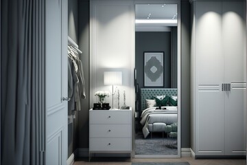  a bedroom with a bed and a closet with a mirror on the door and a dresser with a lamp on it and a bed in the background.  generative ai