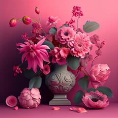 bouquet of flowers in vase. Pink studio photo