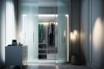  a walk in closet with a mirror door and a white cabinet with a light on it and a plant in the corner of the closet.  generative ai