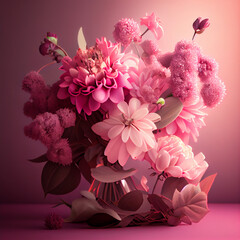 bouquet of flowers in vase. Pink studio photo