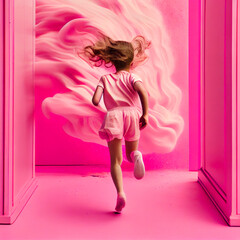 girls running in pink room. backside