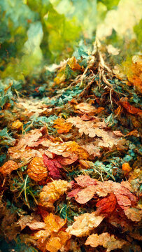 Beautiful ground covered with leaves illustration Generative AI Content by Midjourney © simon