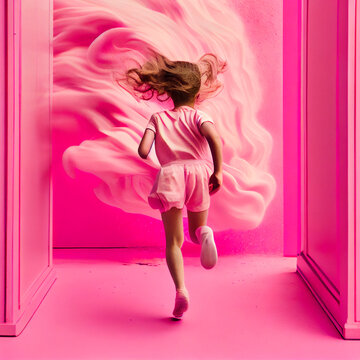 Girls Running In Pink Room. Backside