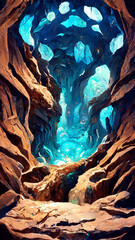 Blue mystical cave with the magic of sparkling crystals illustration Generative AI Content by Midjourney