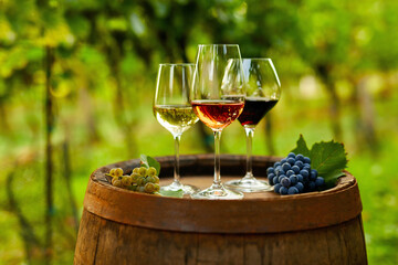 Three glasses of wine on an old wooden barrel with grapes - 564971011