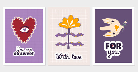 Set of hand drawn vector illustration Valentine's Day posters and cards, stickers. Valentine's day greeting cards design in modern retro vintage groovy