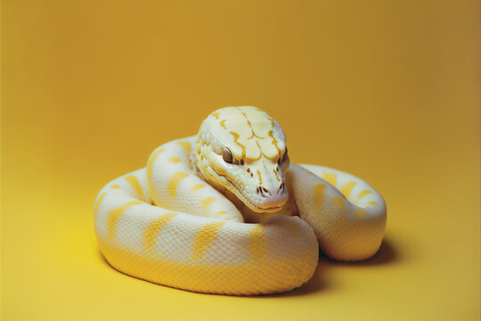 Albino Burmese Python Python molurus bivittatus isolated on yellow background. ai generative.