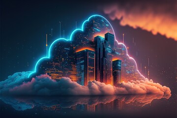 Cloud computing technology concept. Cyber security. Smart city and digital cloud data center.Futuristic big data processing cloud.  Generative AI