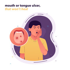 Vector illustration of a man with ulcers on his tongue. Non-healing wounds in the oral cavity. A man holds his face with his hand because of pain in his mouth. Symptoms of stomatitis, tuberculosis. - obrazy, fototapety, plakaty