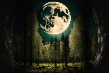  a full moon is seen in the sky above a forest of trees and grass, with a dark green background, and a dark green sky with a few stars.  generative ai