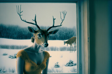 Surreal hybrid woman dream Elaphocentaurs half woman half deer in mythology standing in front of an open window. ai generative.
