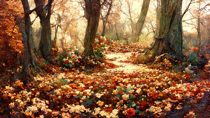 Beautiful ground covered with leaves illustration Generative AI Content by Midjourney