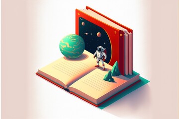 Obraz premium An open book with writing down awesome space stories, isometric style, design, isolated background. A colorful picture.Children's colorful picture book.Generative AI