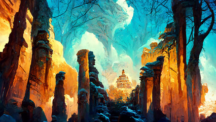 Mayan civilization Snow and ice forest land cave illustration Generative AI Content by Midjourney