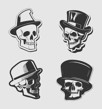 Set skull head in cap or hat in monochrome style. Cartoon Style