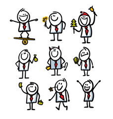 Doodle cartoon set of stick figure businessmen and office worker in suits with money and positive emotions.