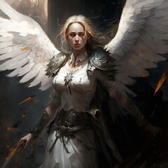 White Apocalypse angel with white huge wings holding sword and wearing medieval knight armor. Ghost warrior at hell gate. Generative AI - obrazy, fototapety, plakaty