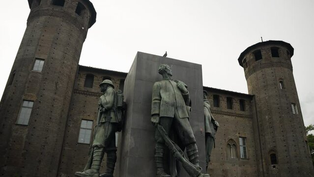 Low angle moving shot of Acaja Castle in Turin Italy