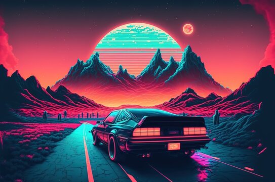 Car On Night Road In The California Desert With Mountain And Cactuses. 80s Retro Cyberpunk Disco Synthwave Future Background. Generative AI