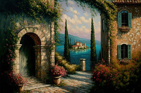 Fototapeta Italian old town street with flowers, blooming bushes and old houses leads to sea with island. Italian idyllic summer landscape oil painting. Generative AI