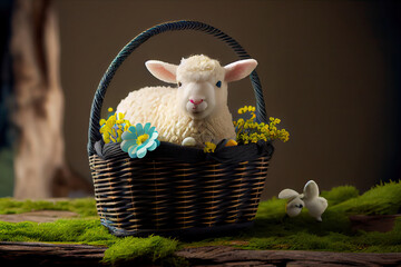 Easter lamb in a basket with easter eggs