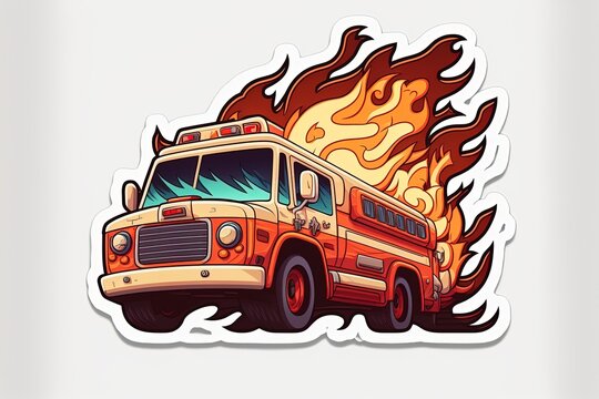 Sticker of a cartoon american fire truck, drives through fire, on white background, flat design, flat sticker. Generative AI