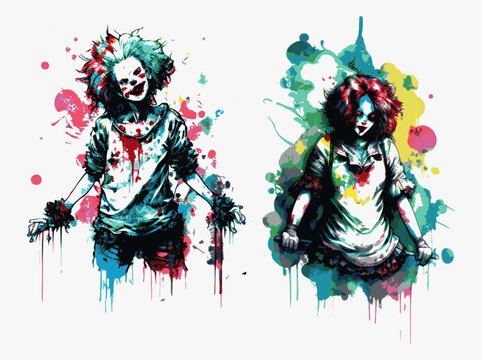 Psychedelic watercolor creepy Clown girl vector. set scary of clownery illustration
