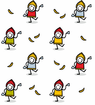 Seamless background with funny cartoon girls in traditional russian costumes dancing folk daces.