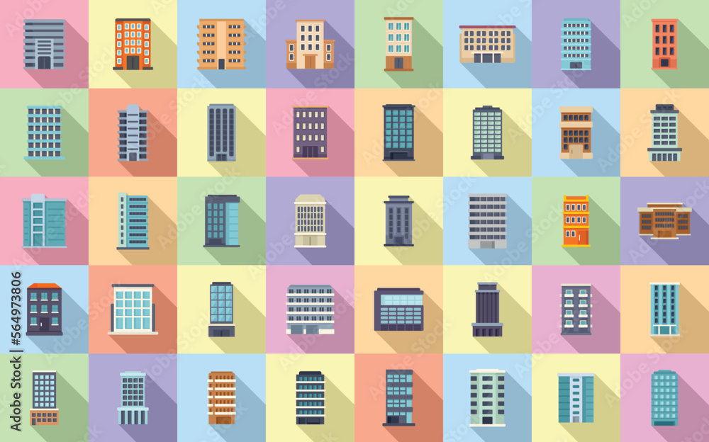 Poster multistory building icons set flat vector. architecture interior. house project
