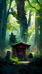 Japanese shrine in the forest illustration Generative AI Content by Midjourney