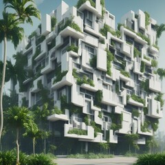 Modern east style building with beige walls, windows and tropical palm plant leaves. Aesthetic abstract minimal architecture facade design concept background - generative ai