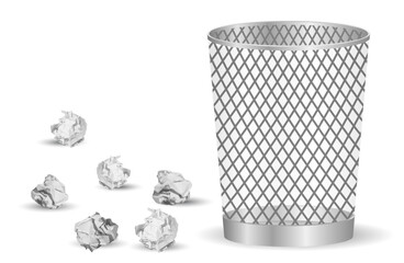 crumpled paper balls and metal garbage isolated on white