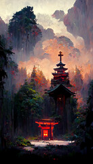 Japanese shrine in the forest illustration Generative AI Content by Midjourney