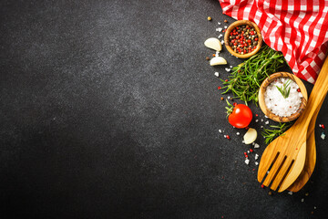 Ingredients for cooking. Food background. Top view on black background.